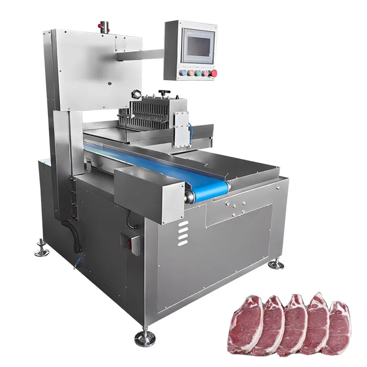 Automatic frozen meat processor, rib eye cap slicer with bone cutter