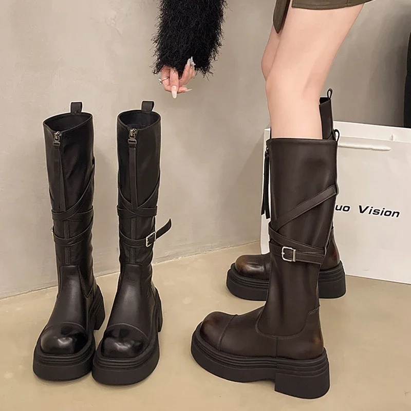 

2024 New fashion women Thick Soled Knight Boots Autumn and Winter Vintage Knee High Long Women's Boots