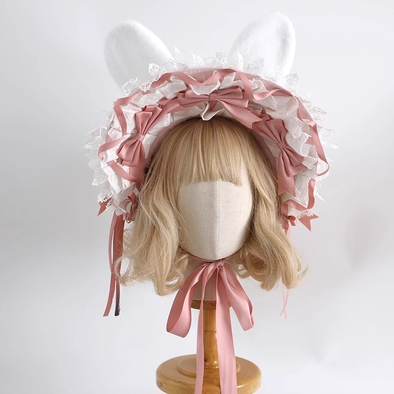 Women Japanese Sweet Lolita Style Lace Bow Bunny Ears Hat Cosplay Party Handmade Original Hat Kawaii Ruffles Elegant Headwear