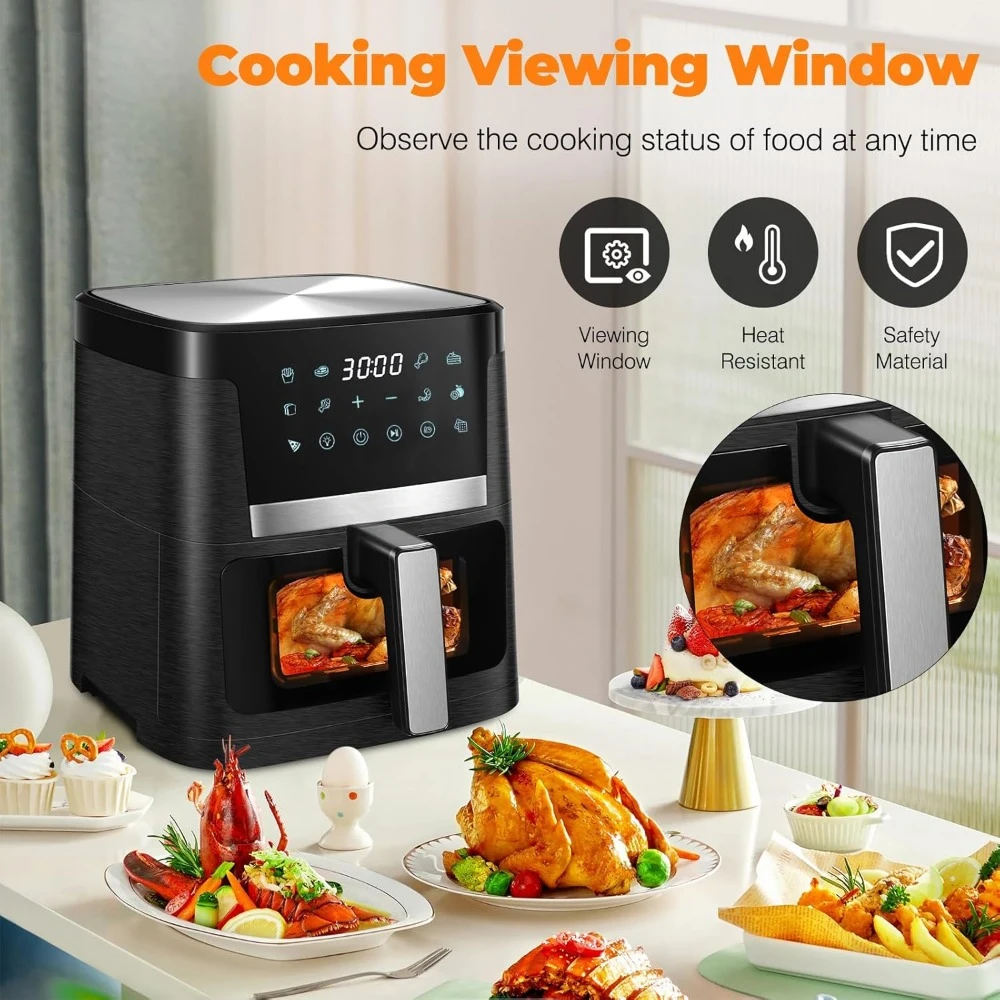 Grande Capacidade Oilless Oven Air Fryer, Air Fryer com 12 Presets, Visível Janela de Cozinha, LCD Touch Screen, 1700W, 7.5 QT