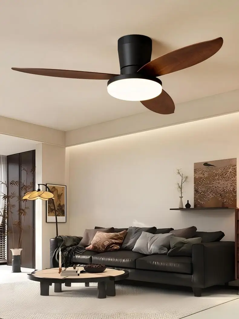 Nordic style fan light, modern and simple new design, creative walnut color bedroom light, silent variable frequency ceiling