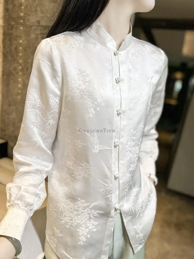 2024 Nieuwe Chinese Stijl Bamboe Vogel Witte Oosterse Dame Top Herfst Staande Kraag Han Element Vintage Shirt Tang Satijnen Top