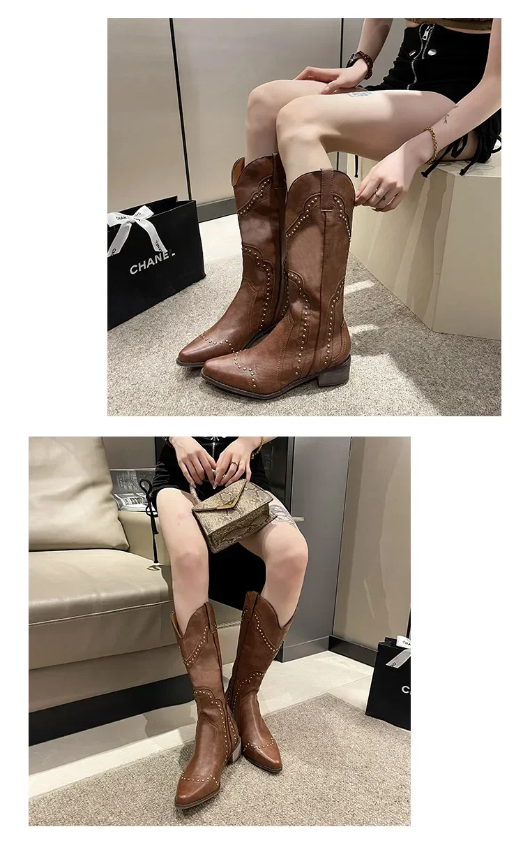 Retro Nieten-Cowboystiefel für Damen 2024 Herbst Klobige Absätze Western-Stiefel Slip-on Spitze Cowgirl-Stiefel – Detail 11