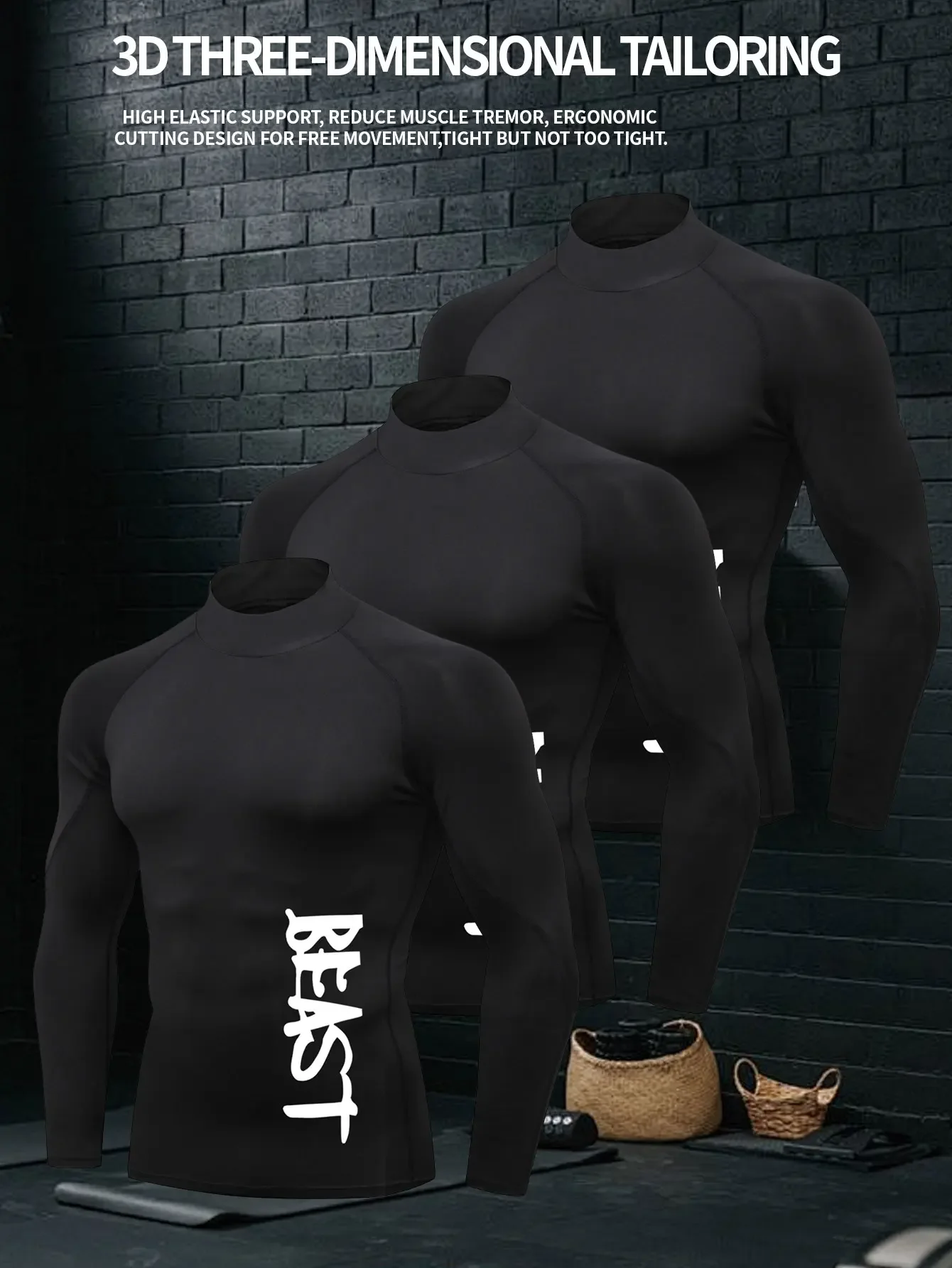 

3PCS,High-neck sports tight-fitting clothes, men's fitness wear, long-sleeved high-elasticity sports training wear, quick-drying