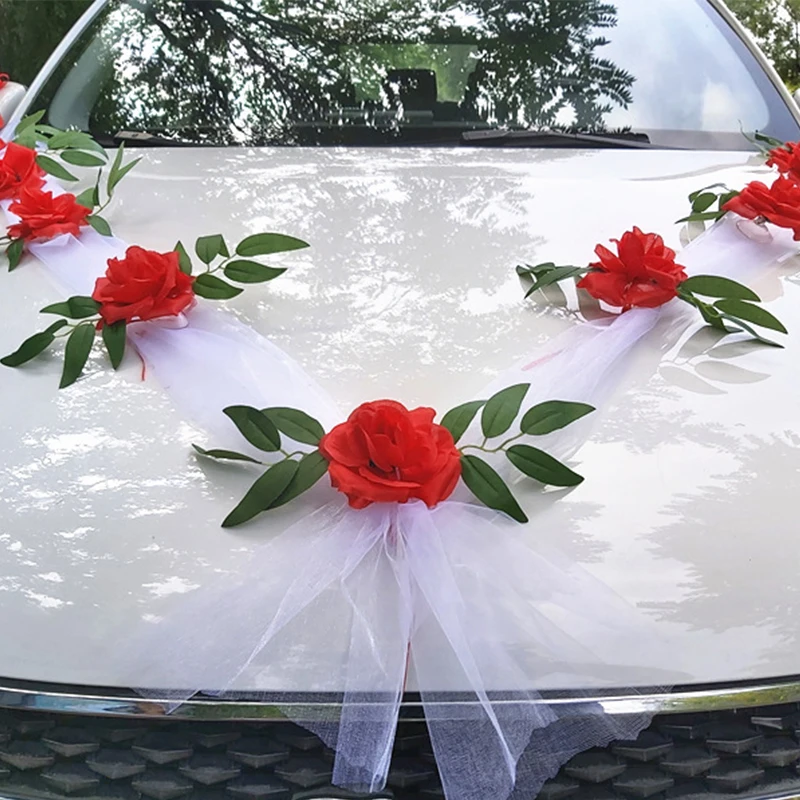 YOMDID DIY Artificial Flower Wedding Car Bridal Car Decoration Door Handle Ribbons Silk Corner Flower Galand With Tulle Set