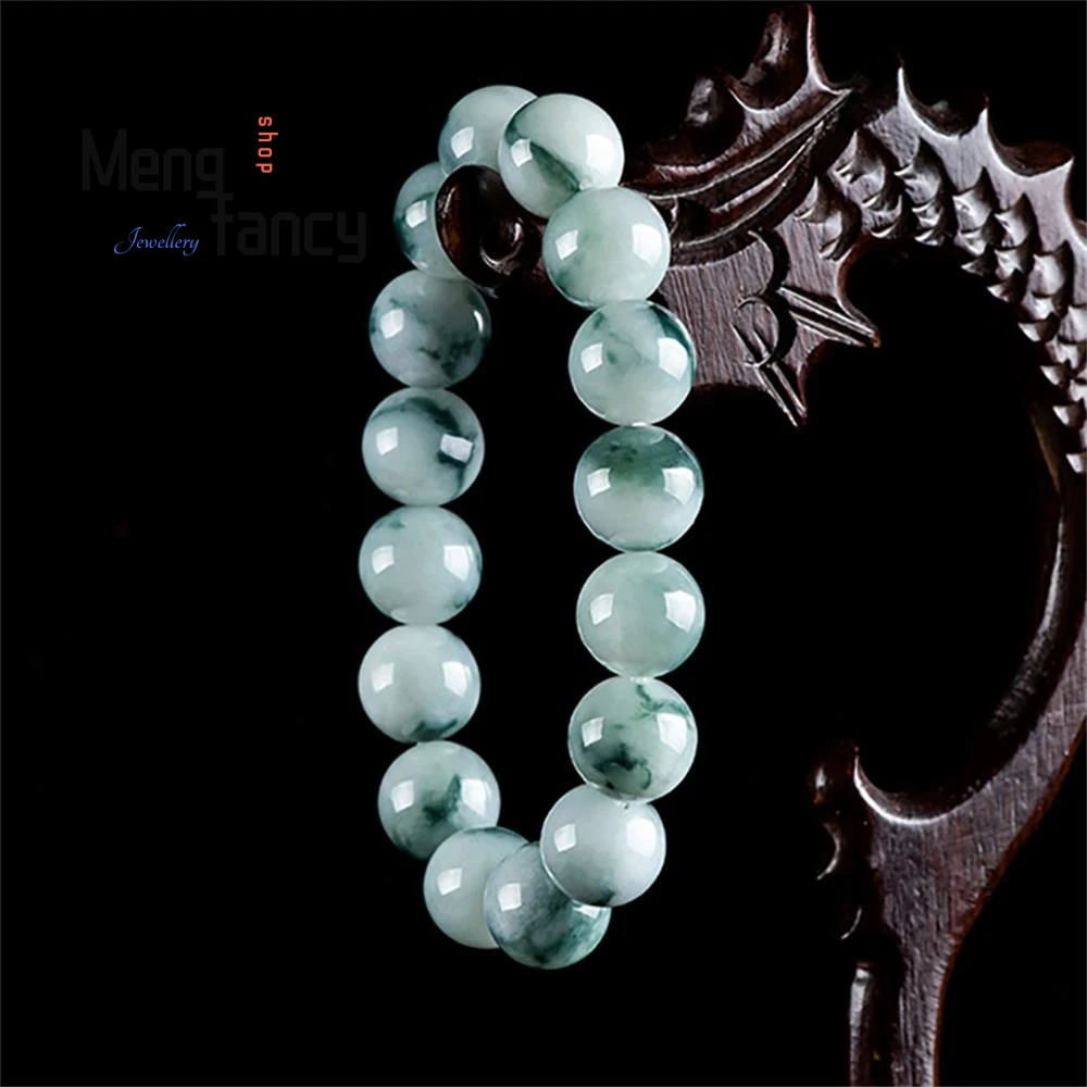 Natural Myanmar A-goods Jadeite Floating Flowers Round Beads Strings Ice Jade Beads Bracelet High-grade Exquisite Luxury Jewelry