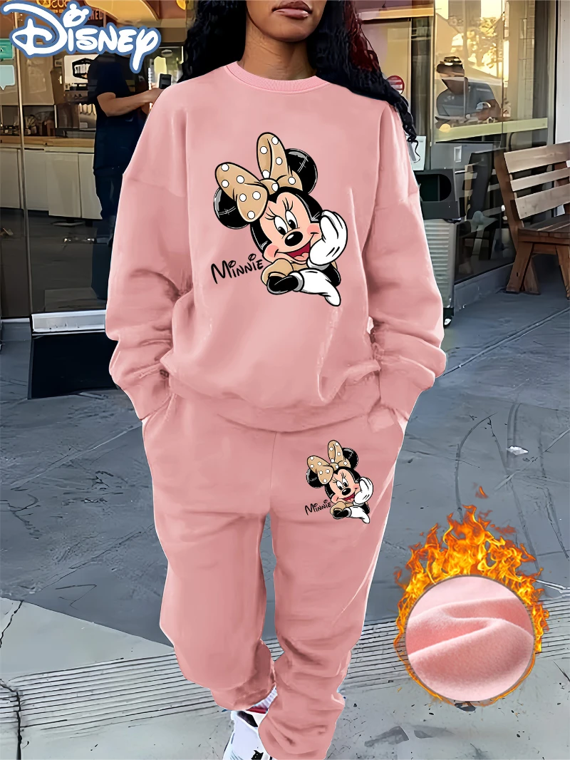 طقم سويت شيرت وسروال نسائي مكون من قطعتين من Potdemiel innie Mouse باللون الأسود مع فيونكة وردية مبطنة بالصوف، ملابس كاجوال للخريف/الشتاء #2