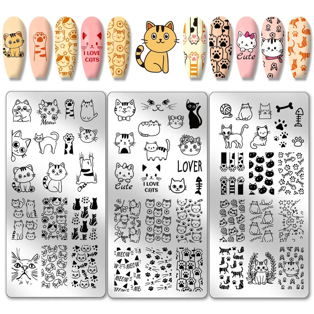 3pcs Cute Cat Nail Stamping Plates Lovely Cat Nail Art Templates Animal Cat's Paw Fishbone Nail Art Stencils Nail Image Plates