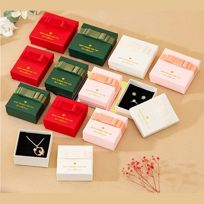 

Картонная шкатулка для ювелирных украшений с бантом, кольца, ожерелья, браслета, сережек, ювелирные изделия в подарок, стандартная Свадебная бумажная упаковочная коробка