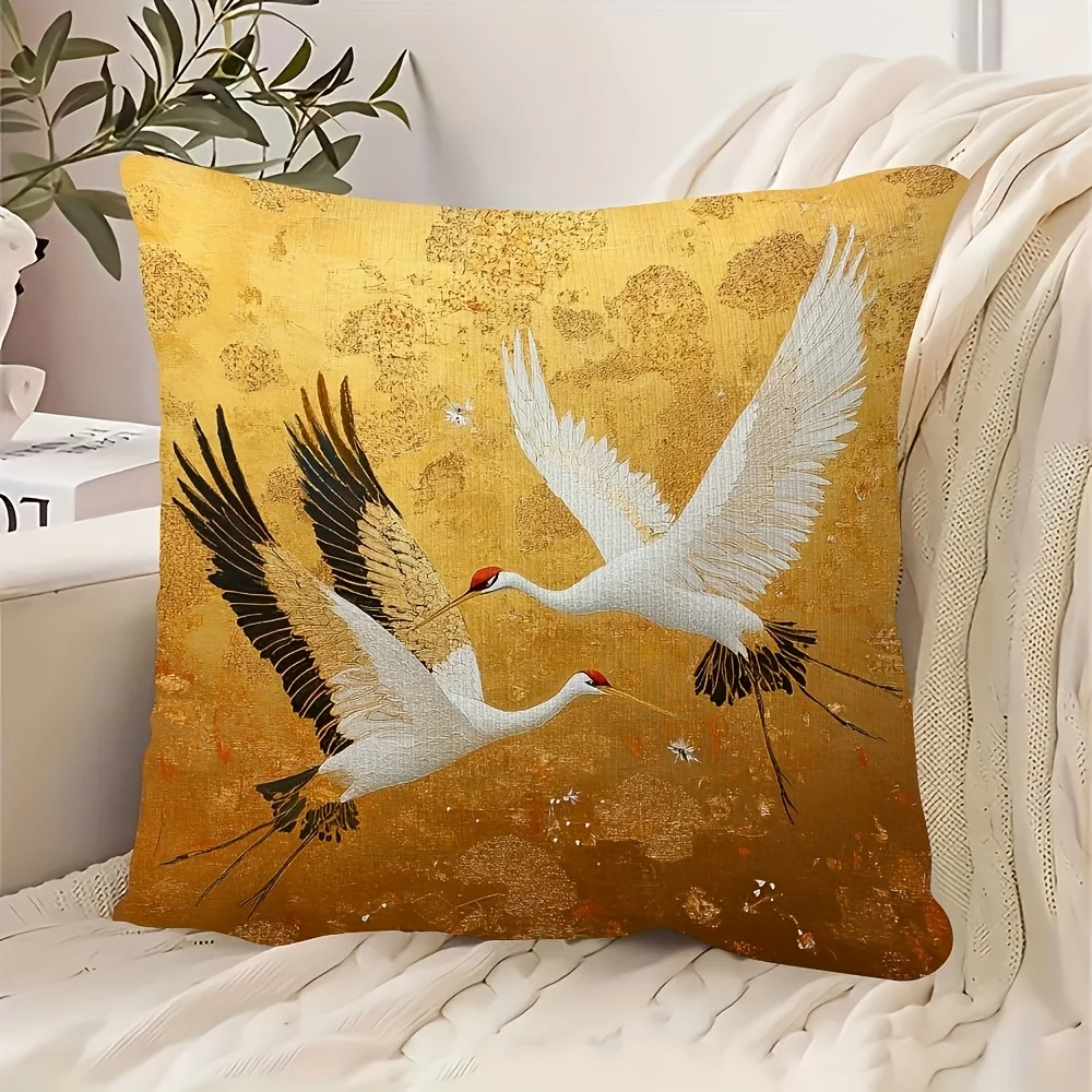 2D flat- Vintage Gold Tone Red Crowned Crane Linen Throw Pillow Cover Decorative Square Cushion Case for Home Sofa Bedroom