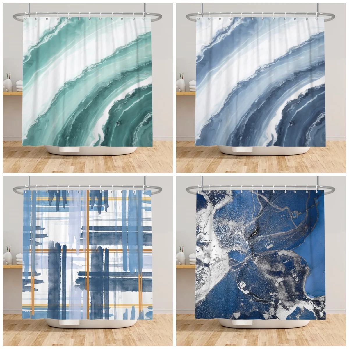 

Modern Marble Shower Curtain Watercolor Wave Geometric Print Waterproof Bath Curtain For Bathroom Decor Polyester With Hooks