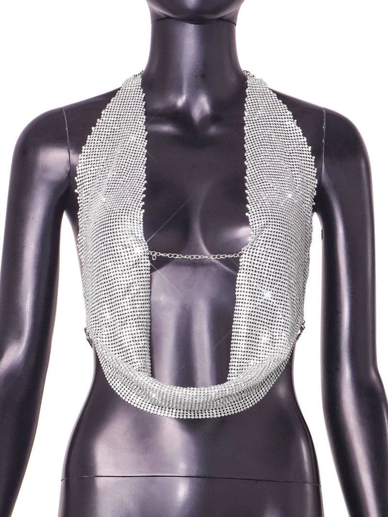 

Sexy Shiny Metal Sequin Silver Metallic Rhinestone Chain Crop Top Halter Backless Crop Top New Club Party Hot Sale Charm