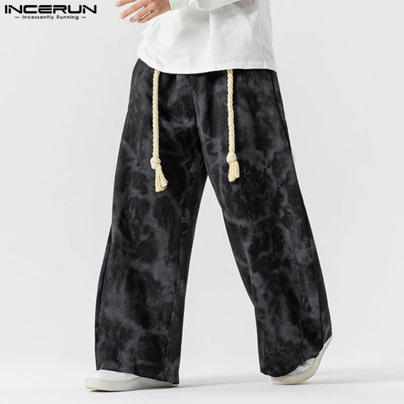 

2025 Men Wide Leg Trousers Tie Dye Joggers Oversize Elastic Waist Male Pants With Belt Streetwear Fashion Long Pants Men INCERUN