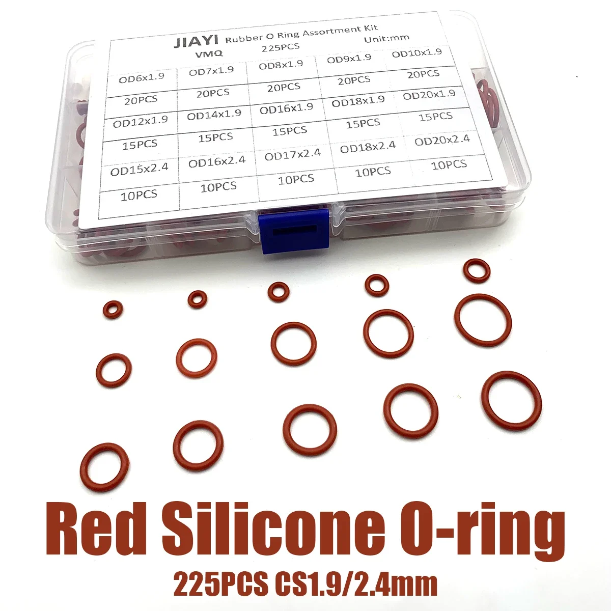 225Pcs High Temp Resistant Red  Food Grade VMQ Silicone O Ring Kit Non-Toxic Stable Sealing Rings  CS1.9/2.4mm OD6-20mm