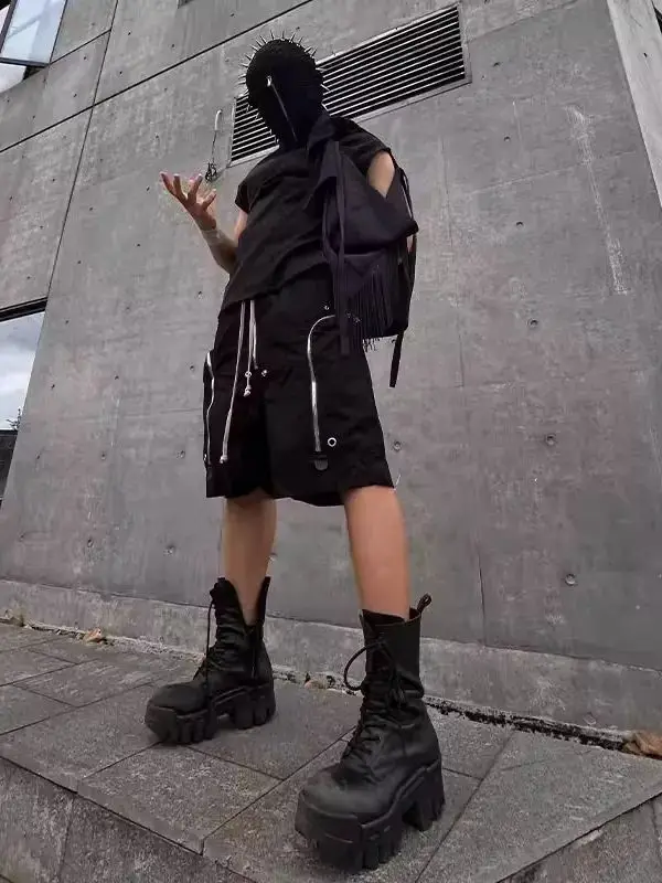 Men's Vintage Cargo Shorts Retro Loose Wide Leg Shorts Casual Workwear Utility Zipper Streetwear Hip Hop Bermuda Shorts