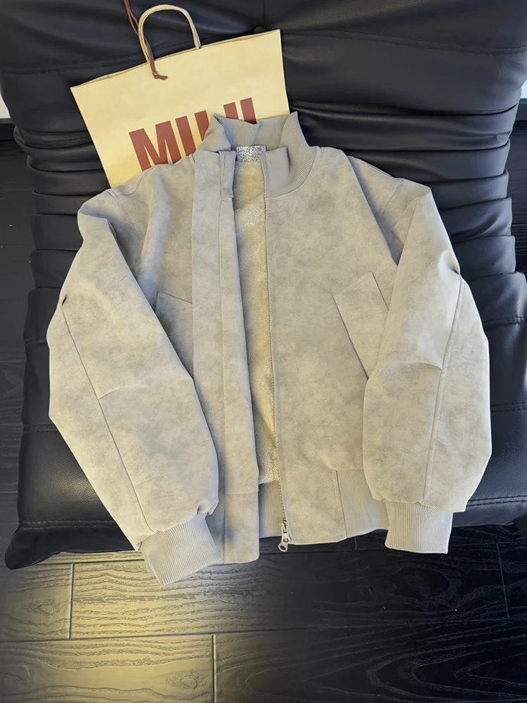 

Короткая куртка из искусственной кожи в американском стиле, мужская зимняя утепленная хлопковая куртка, куртка-пилот на молнии, теплая, с геометрическим узором