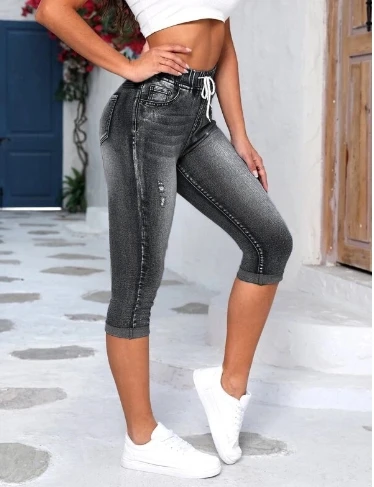 Elastic waist drawstring high waist ripped jeans for women, fashionable and casual 2024 summer new women's clothing