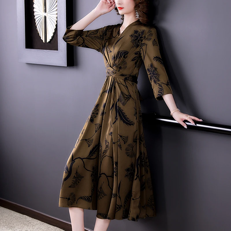 Women Satin Floral Natural Silk V-Neck Maxi Dress Spring Summer Vintage Casual Midi Dresses 2024 Elegant Bodycon Party Vestidos