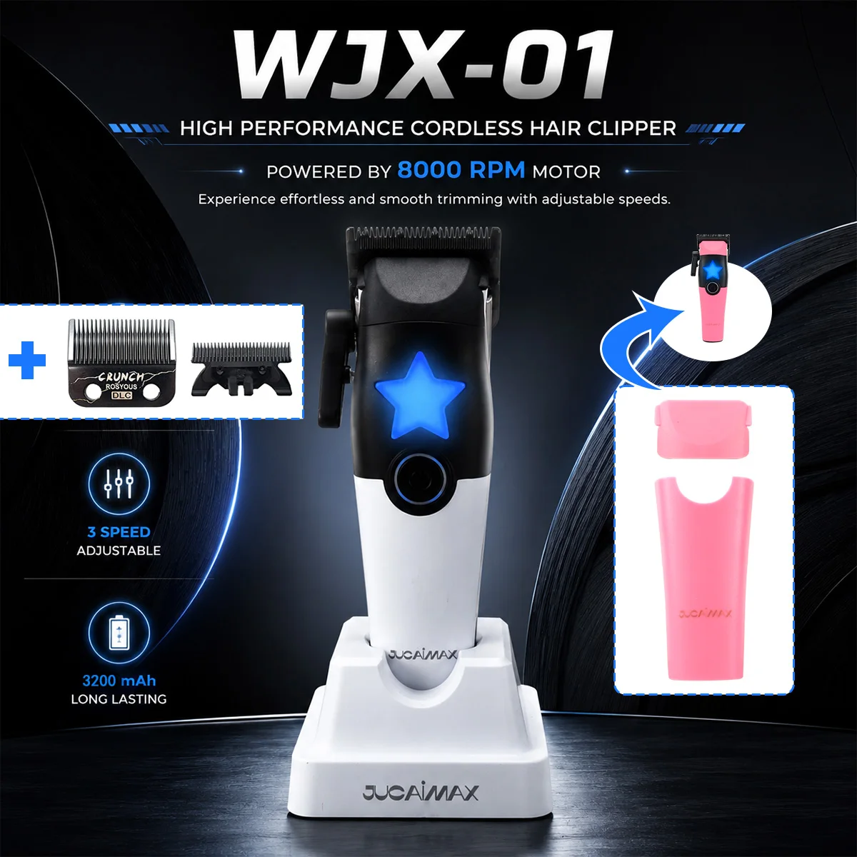 JUCAI WJX-01 Professional Hair Cutter Brushless Motor 8000RPM DLC Blade with Base Charger Men's Hair Clipper Finishing Machine