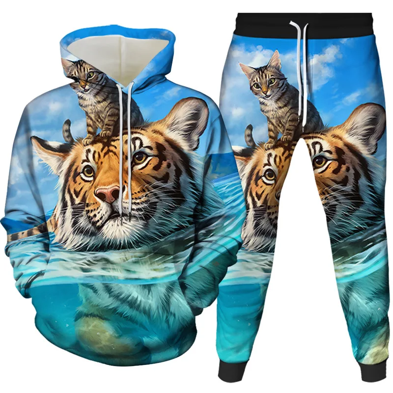 Men Sets Animal Tiger Pattern 3D Printed Tracksuit Sets Casual Hoodie Pants 2pcs Sets Oversized Sweatshirt Fashion Men Clothing