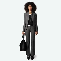 Zadig-Blazer xadrez e calça feminina, blazers elegantes de lapela, terno casual slim fit, calça chique de cintura alta, casaco feminino