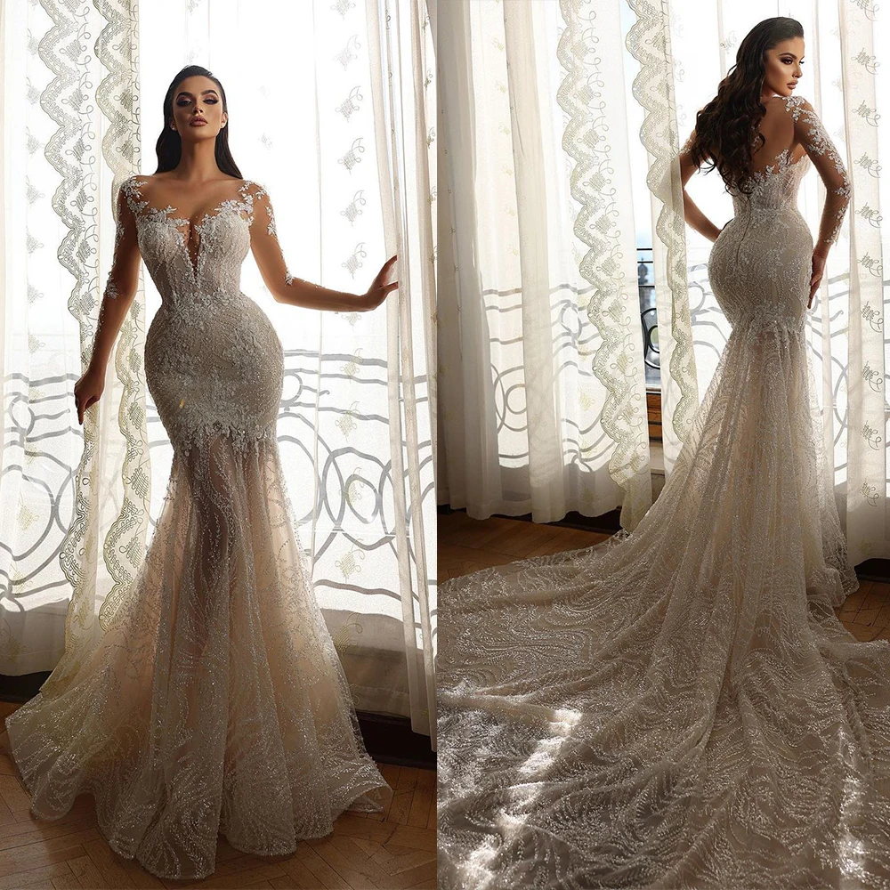 Luxury Mermaid Women Wedding Dresses O-Neck Appliques Sequins Long Sheer Sleeves Bridal Gown Slim Fit Sweep Train Dress