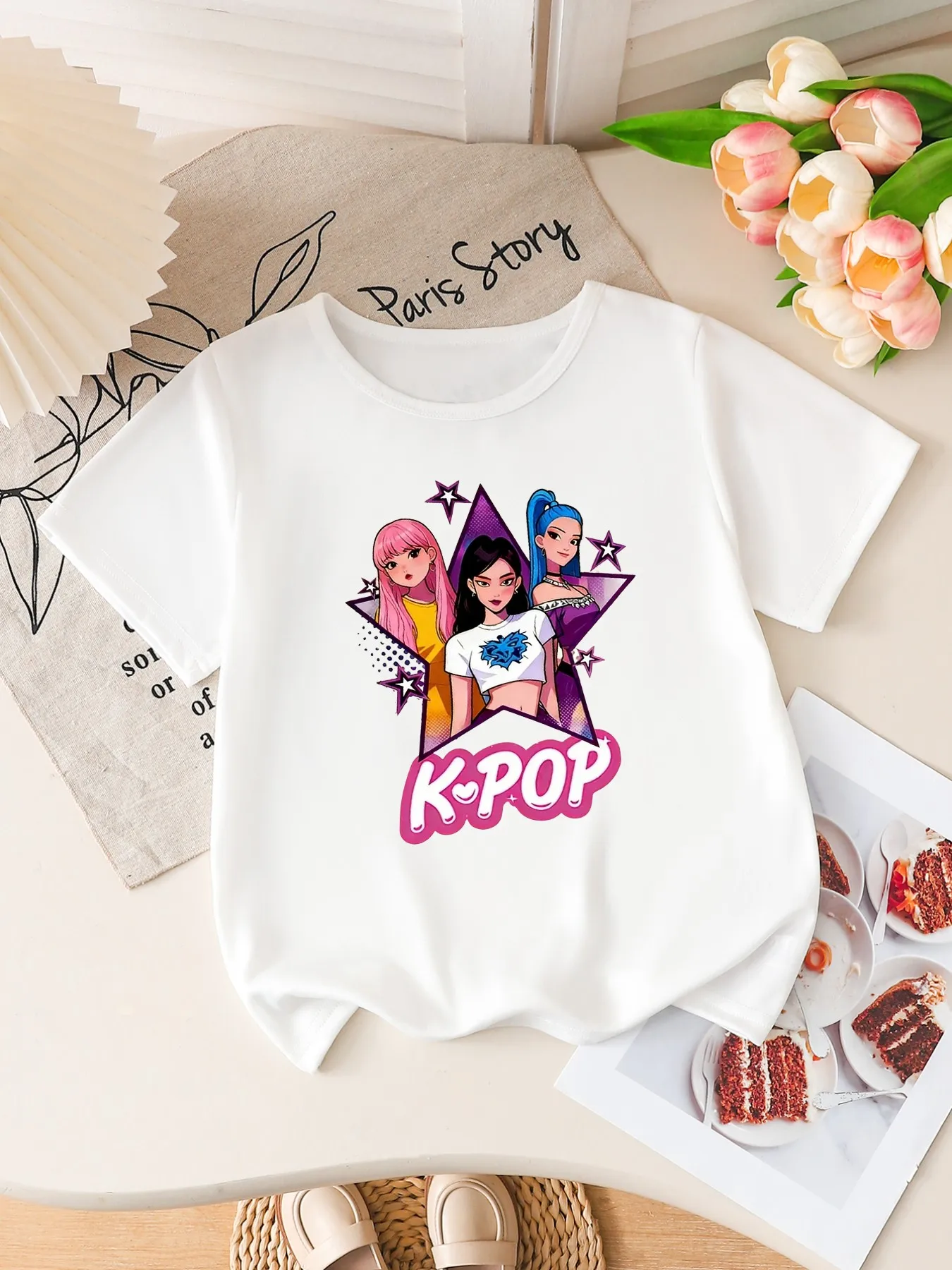 Girls K-POP Idol Group Print Short Sleeve T-Shirt Cute Cartoon Graphic Tee Kids Summer Casual Top