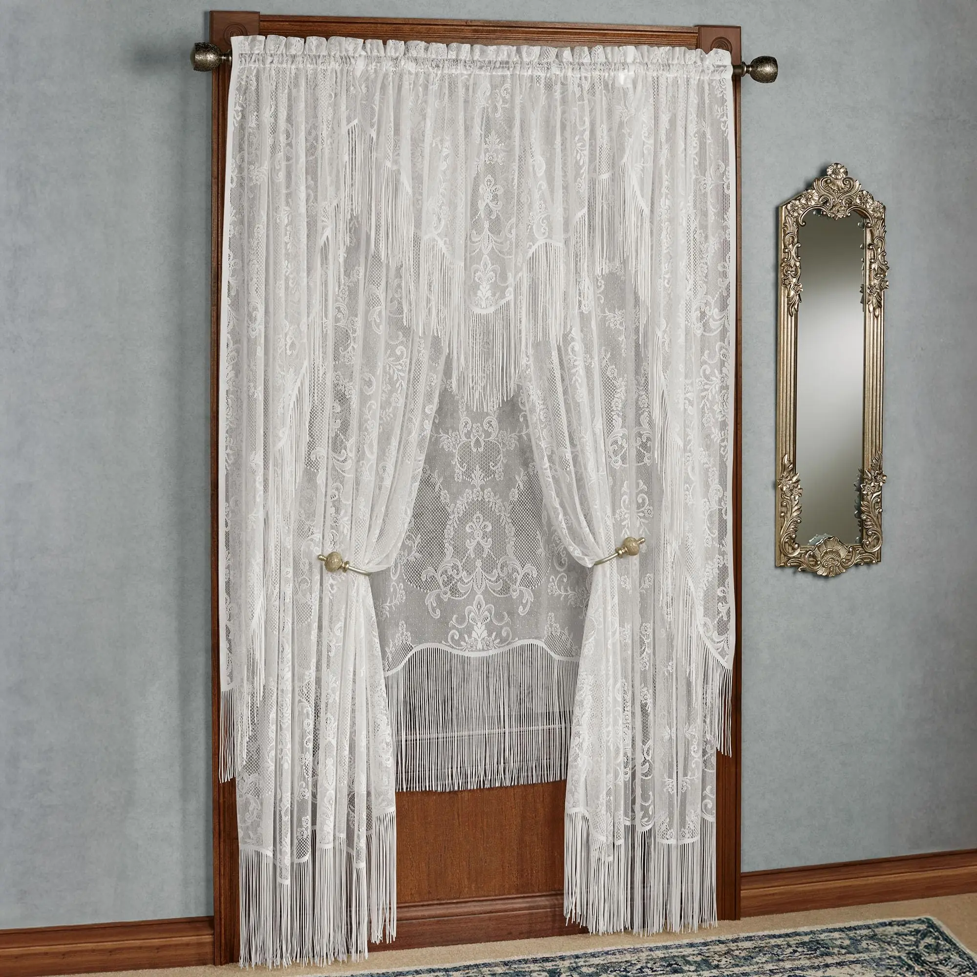 Queen's Lace Fringed Window Treatment, Antique White, 5-pc Set
