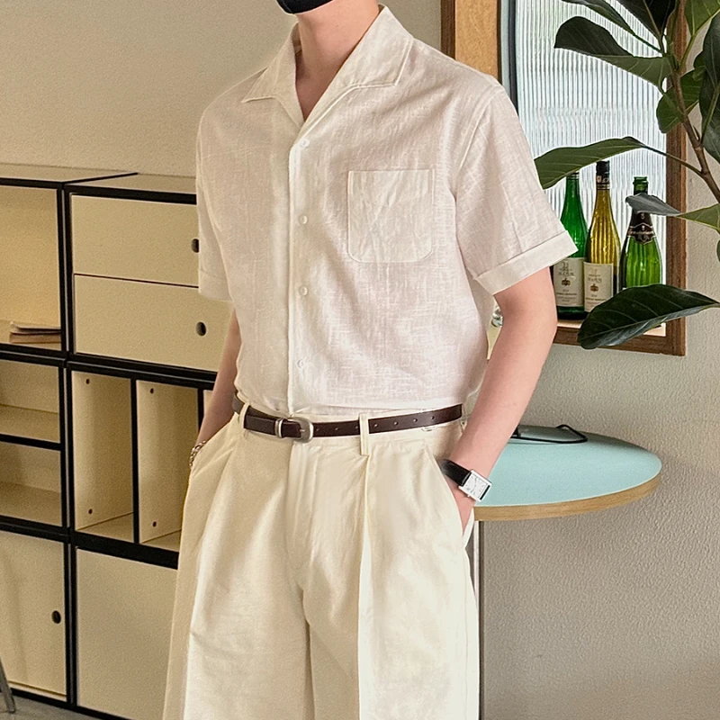 80% Ramie, 20% cotone, camicia a maniche corte da uomo elegante di alta qualità, traspirante, traspirante.