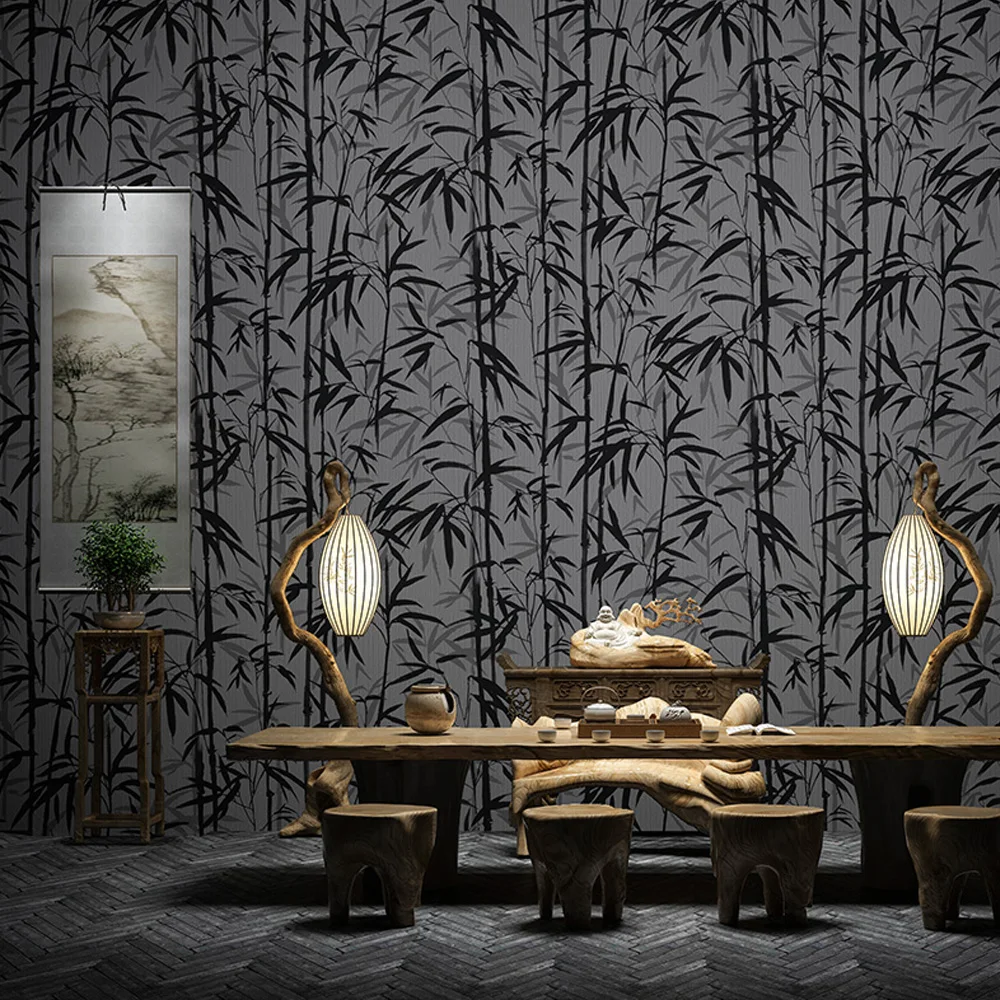 Black Grey Bamboo Wallpaper Non-Pasted Asian Ink Style Wall Paper Covering for Living Room Bedroom Zen Home Decor