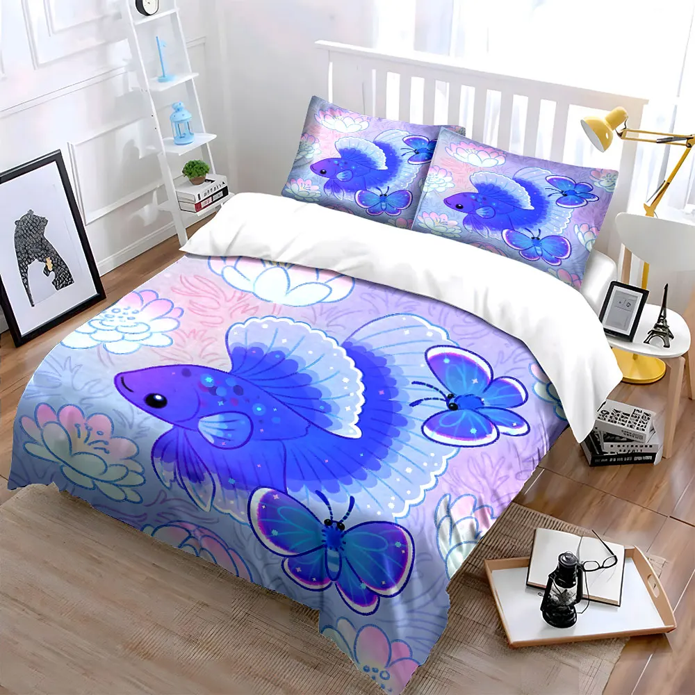 Butterfly Fish Art Decor Bedding Set with 1 Duvet Cover 2 Pillowcases Single Double King Queen, Gift