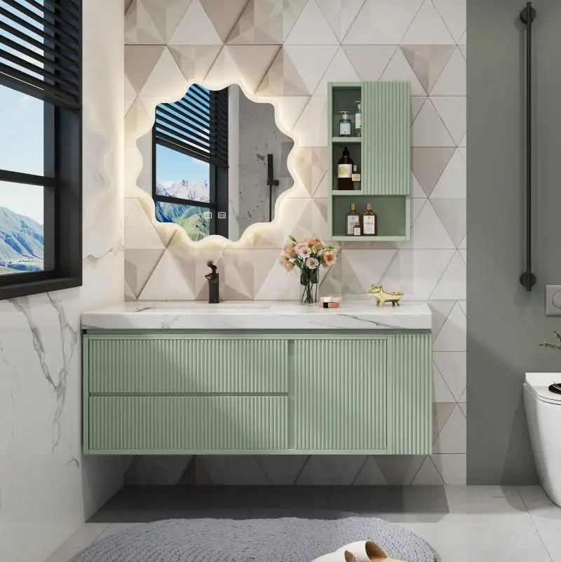 2022 Spring Modern Solid Wood Bathroom Cabinet Green Bathroom Vanity with LED Mirror Cabinets and Open Shelves for Toilet Paper