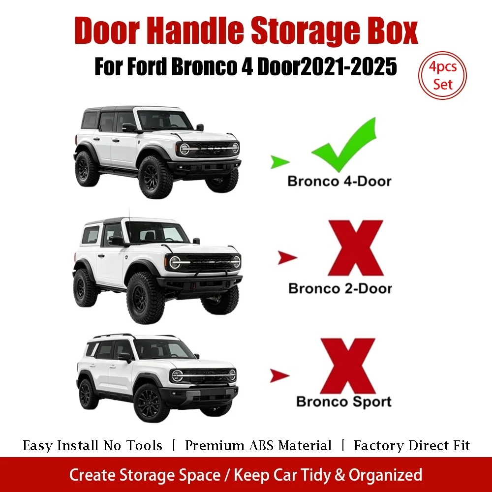 4PCS Door Handle Storage Box Armrest Organizer Tray For Ford Bronco 4Door 2021-2025 Car Accessories Side Panel Storage Container