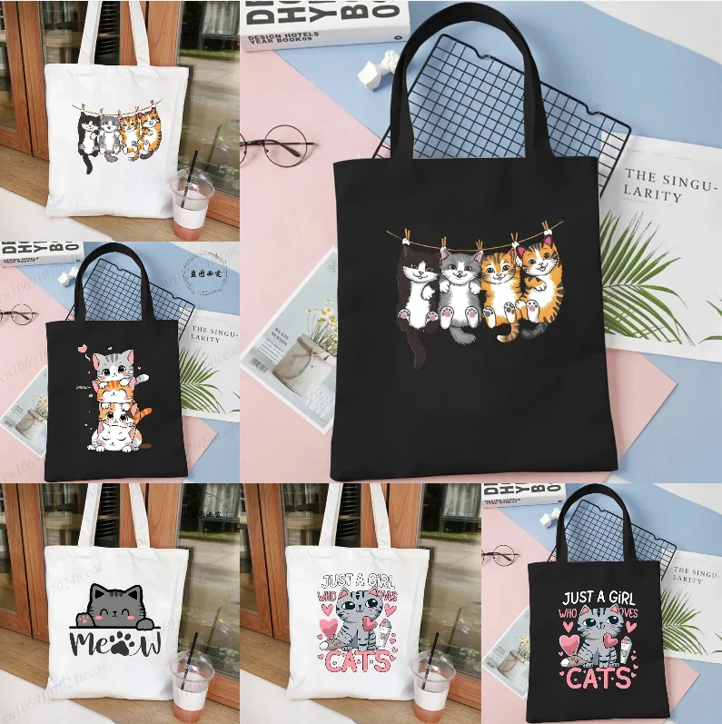 Cartoon Cat Printed Women's Canvas Single Shoulder Handbag Cartoon Animal Commuter Shopping Bag Reusable Handbag