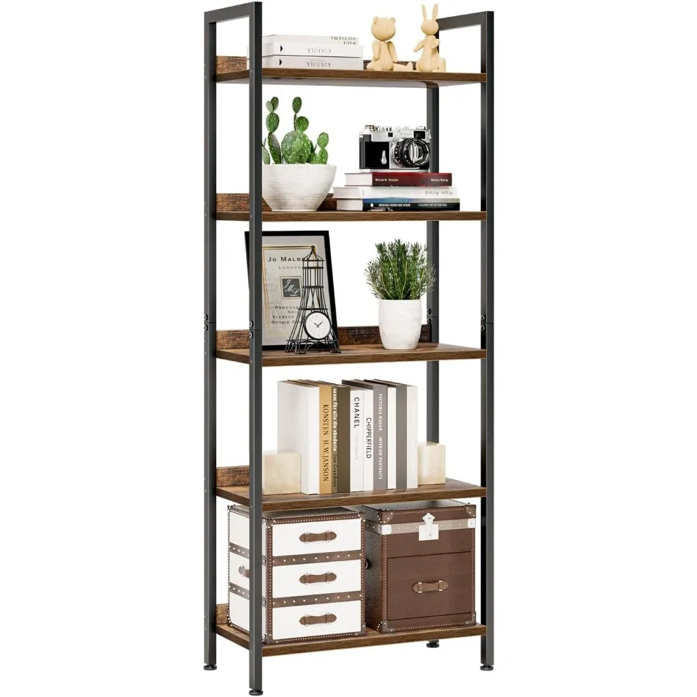 

5-Tier Open Bookshelf, Vintage Style Storage Organizer for Home Office, Living Room, Bedroom - Easy Assembly