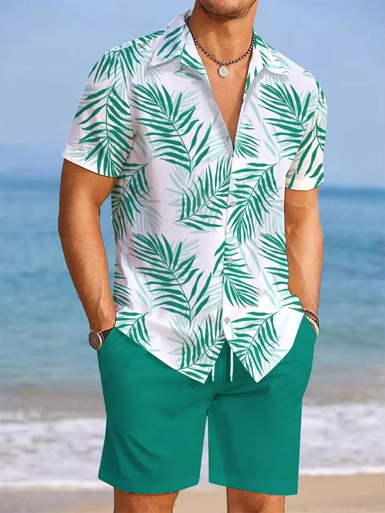 2025 New Men's Short Sleeve Shirt Set Summer Fashion Men's Pool Party Short Sleeve Street Men's Casual Shorts Two Piece Set