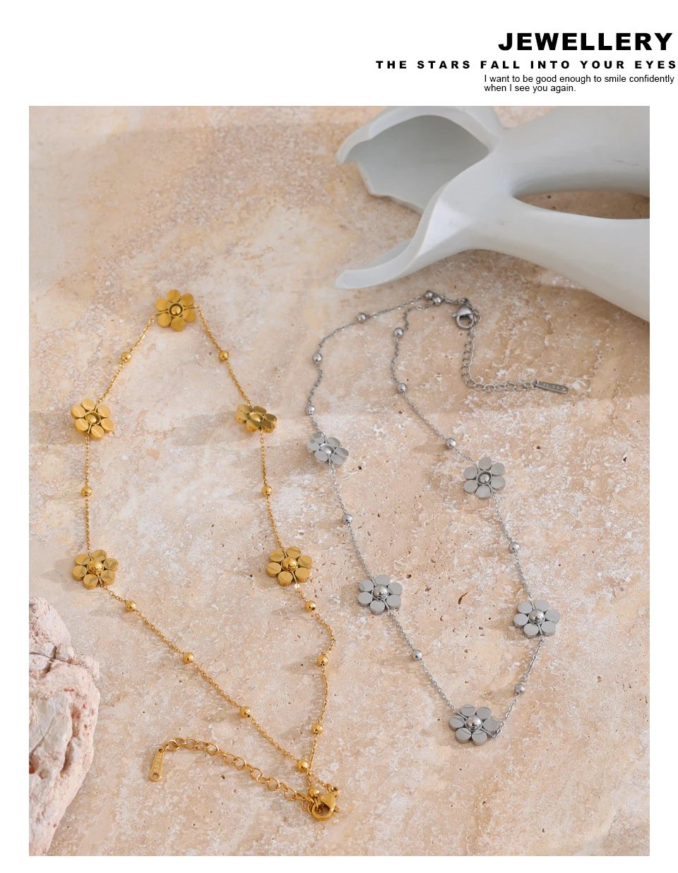 Yhpup Edelstahl-Blumenkette, modische Halskette, PVD-beschichtet, golden, wasserfest, poliert, hochwertiger Schmuck für Frauen – Detail 12