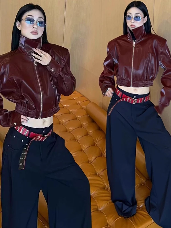 Jaqueta Feminina de Couro PU Vermelha com Zíper, Cintura Ajustável, Estilo Solto para Primavera