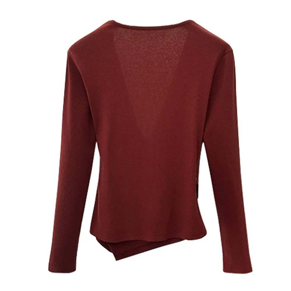 European style wine red long sleeved T-shirt for women's autumn new cotton fashion plus size pleated irregular V-neck casual top