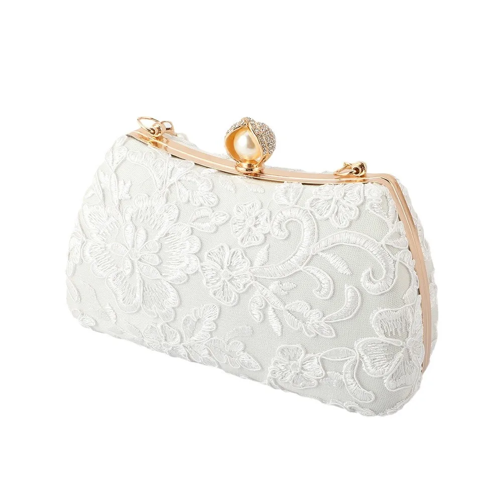 Retro Lace Flower White Evening Bags Wedding Party Bridal Small Clutches For Womens Chain Sholder Bag Crossbody Prom Handbags