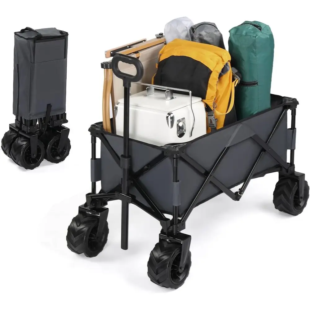 

Heavy-Duty Collapsible Utility Cart with Large All-Terrain Wheels and Drink Holders, 220lbs Capacity (Grey)