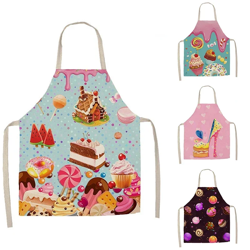 1 piece cake donut pattern printed linen apron kitchen cooking baking apron home cleaning anti-stain tool