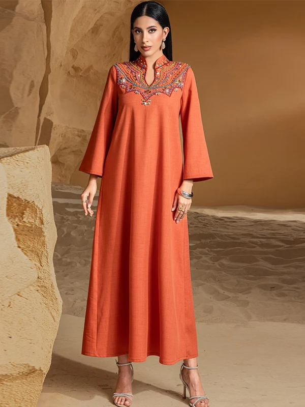 

Ele Long Dr Dubai Middle East High-End Heavy-Work Hand-Sewn Bead Embroidery Loose Fit Arab Robe Small Stand Collar Gown