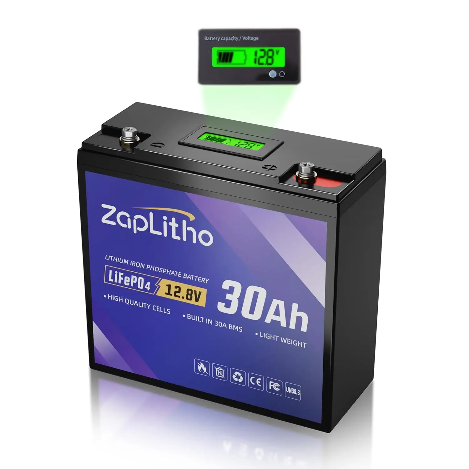 

12V 30Ah LiFePO4 Lithium Battery with Mini Voltmeter, 30A BMS, Deep Cycle Grade A Cells, Lightweight Lithium Iron, Customized