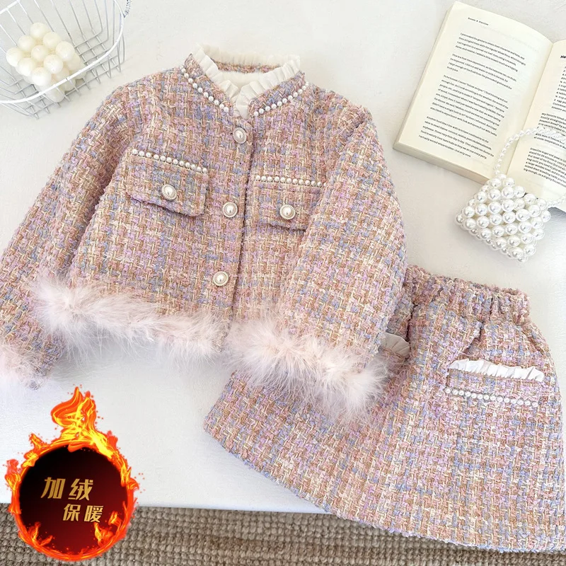 Elegant Kids Beaded Plaid Birthday Princess 2pcs Suits Coats+skirts,Children Clothes Outfits 2026 Baby Girls Winter Clothing Set