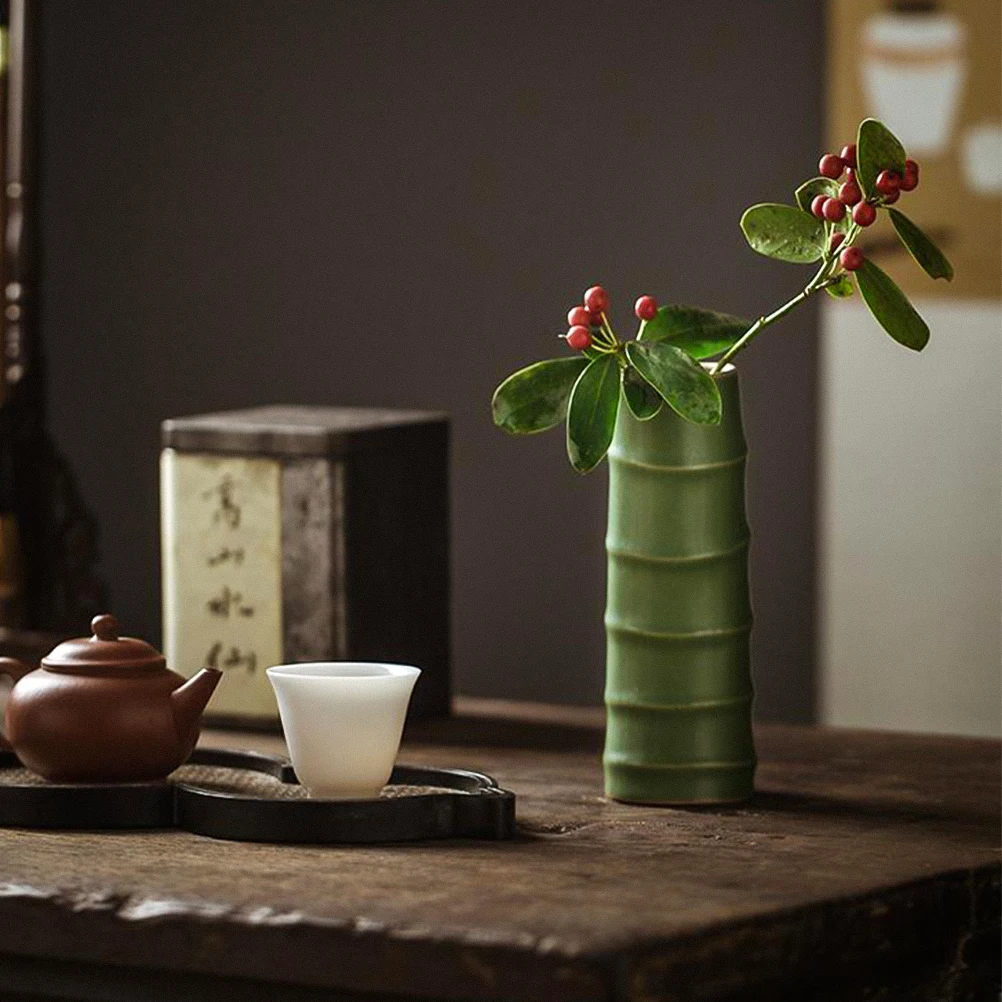 竹製 円筒形 花器 竹の円筒形の花瓶セラミック模造竹の花瓶創造的な花の配置花瓶オフィス