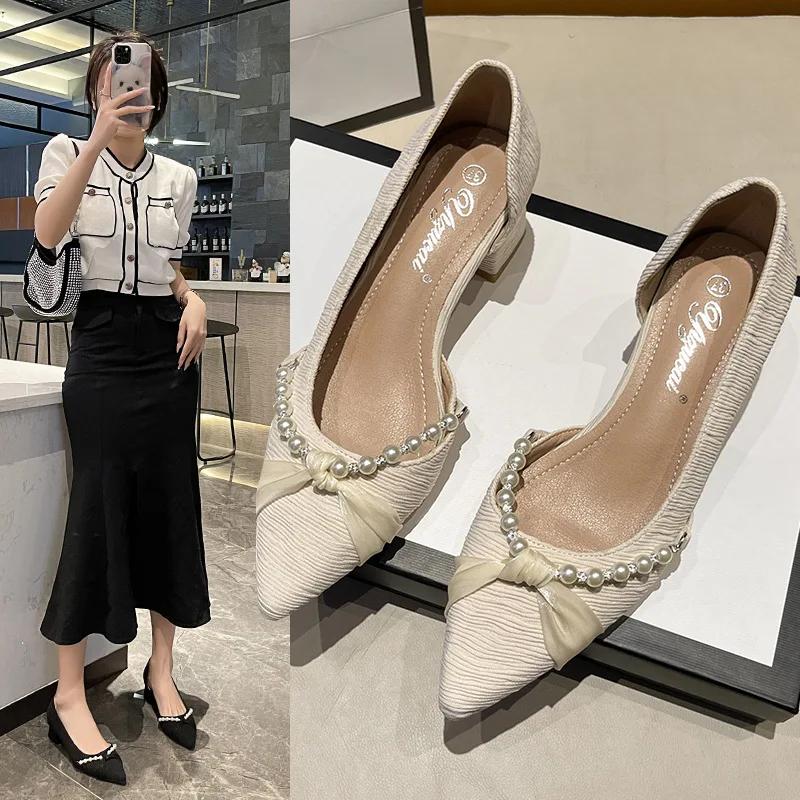 

In The Spring of , The New Side-empty, Pointed Shoes, Pearls, Korean Bow, Shallow Mouth and Thick Heel Fashion High Heels.