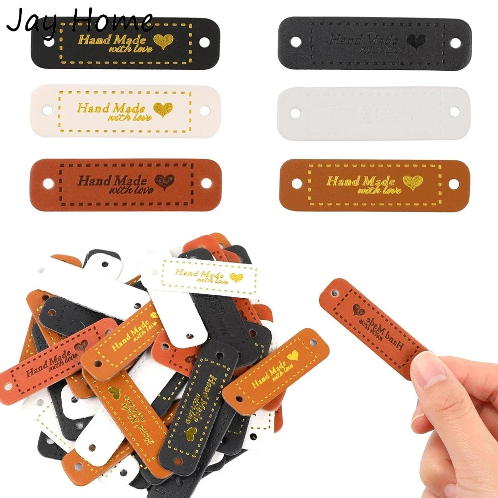 

48PCS Handmade with Love Tags Handmade PU Leather Labels Sewing Labels with Hole Labels for Crochet Knitting DIY Craft Supplies