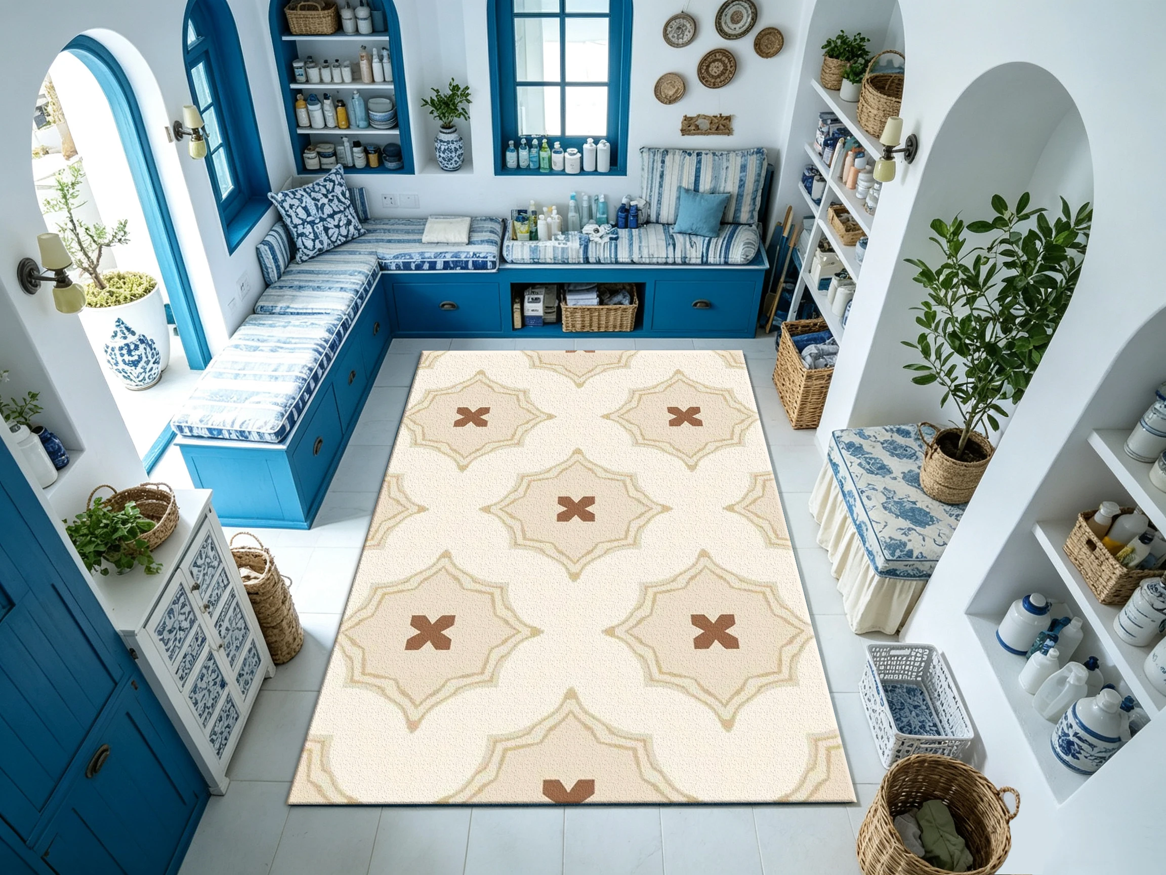 Neutral Beige Geometric Tile Carpet, Vintage Moroccan Style Home Carpet Suitable for Living Room, Bedroom, and Home Decoration