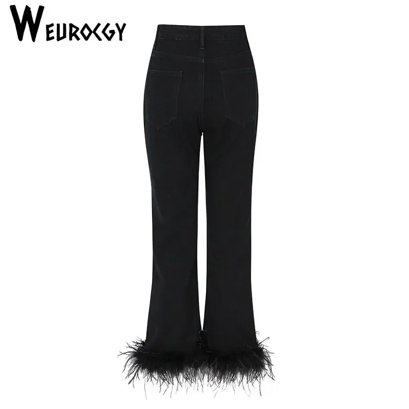 Imagem -05 - Outono Personalidade Novo Estilo Moda Cintura Alta Olhar Fina Splicing Feather Mulheres Denim Straight-leg Pants Estilo de Rua 2023